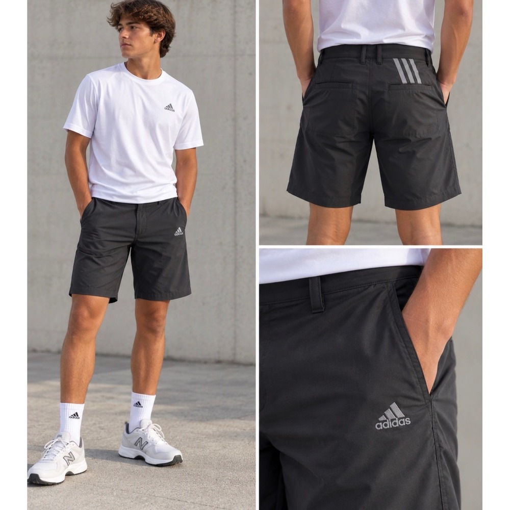 Adidas Golf Shorts Mens 38 Black Performance Polyester Flat Front 3-Stripe Logo